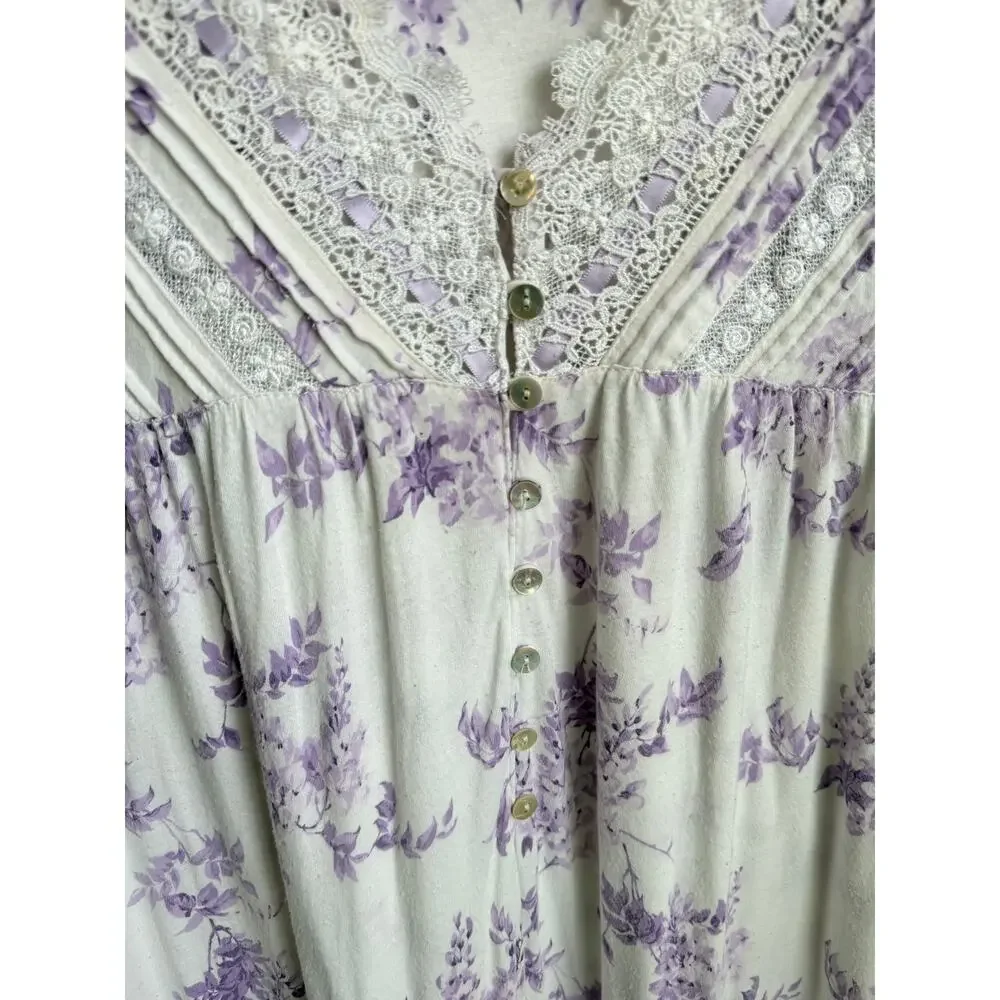 Eileen West Wisteria Cap Sleeve V-Neck Nightgown White Purple Women's Large